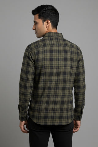 Men Olive Green Checked Premium Cotton Shirt
