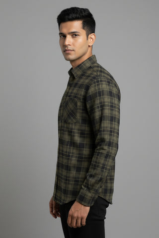 Men Olive Green Checked Premium Cotton Shirt