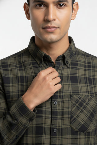 Men Olive Green Checked Premium Cotton Shirt