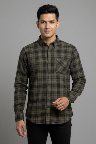 Men Olive Green Checked Premium Cotton Shirt
