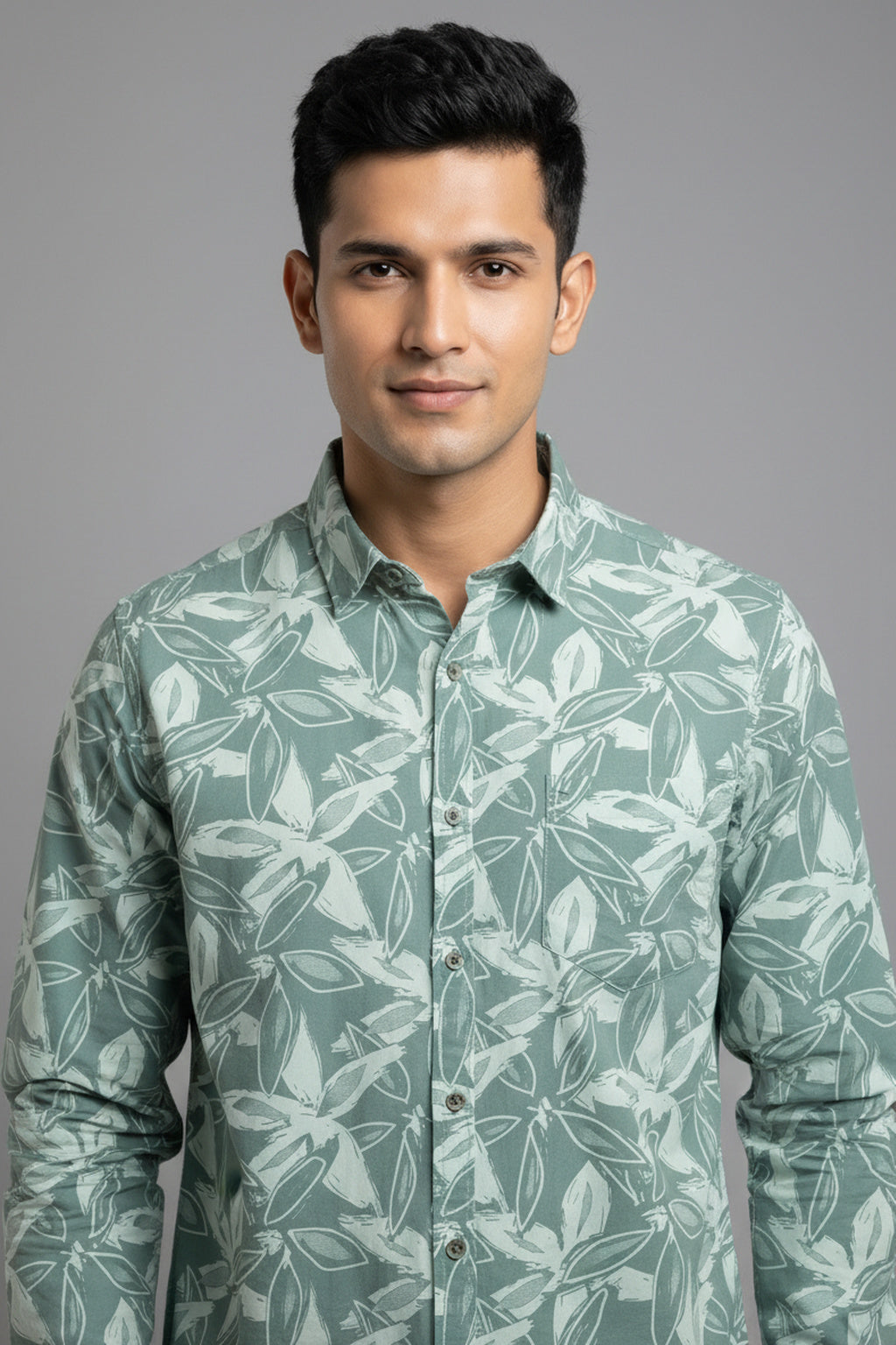 Men Green Leaf Print Premium Cotton Shirt