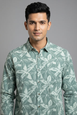 Men Green Leaf Print Premium Cotton Shirt