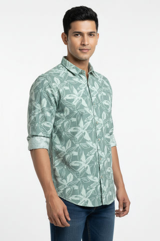 Men Green Leaf Print Premium Cotton Shirt