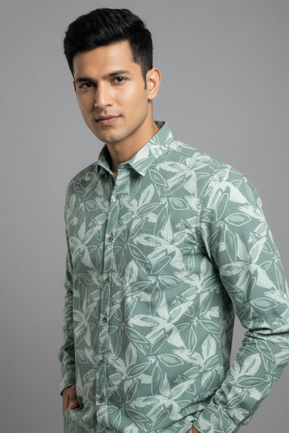 Men Green Leaf Print Premium Cotton Shirt