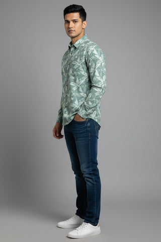 Men Green Leaf Print Premium Cotton Shirt