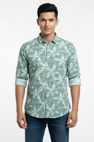 Men Green Leaf Print Premium Cotton Shirt
