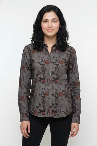 Smoky Grey Abstract Printed Premium Shirt for Women – Wrinkle Resistant & Breathable Fabric