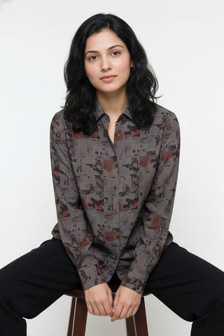 Smoky Grey Abstract Printed Premium Shirt for Women – Wrinkle Resistant & Breathable Fabric