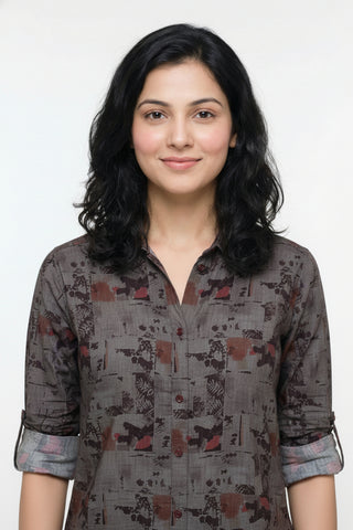 Smoky Grey Abstract Printed Premium Shirt for Women – Wrinkle Resistant & Breathable Fabric