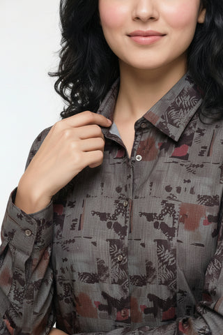 Smoky Grey Abstract Printed Premium Shirt for Women – Wrinkle Resistant & Breathable Fabric