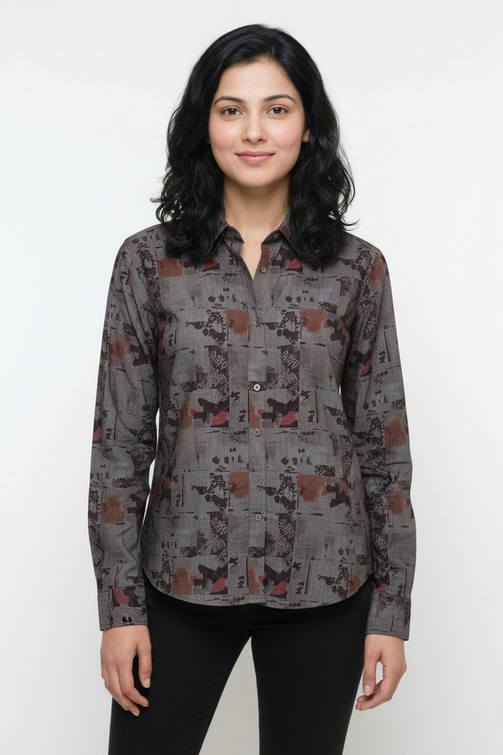 Smoky Grey Abstract Printed Premium Shirt for Women – Wrinkle Resistant & Breathable Fabric