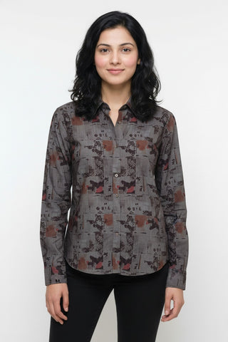 Smoky Grey Abstract Printed Premium Shirt for Women – Wrinkle Resistant & Breathable Fabric