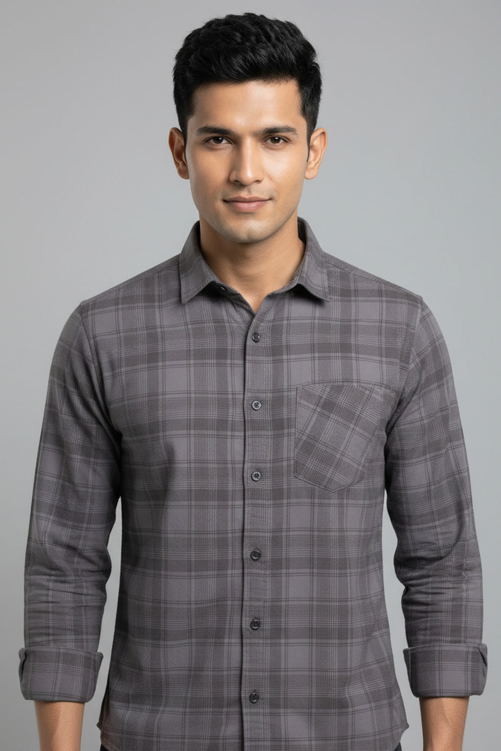 Men Smoke Grey Checked Premium Cotton Shirt