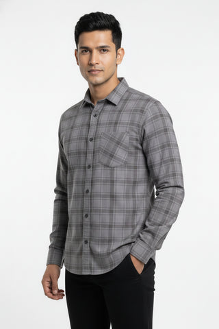 Men Smoke Grey Checked Premium Cotton Shirt