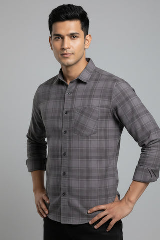 Men Smoke Grey Checked Premium Cotton Shirt