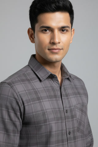 Men Smoke Grey Checked Premium Cotton Shirt